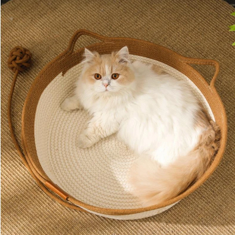 

Pure Manual Rattan Woven Cat Bed, Cattailgrass Cat Scratch Board, Removable, Washable, Warm Pad, All-Season, Winter