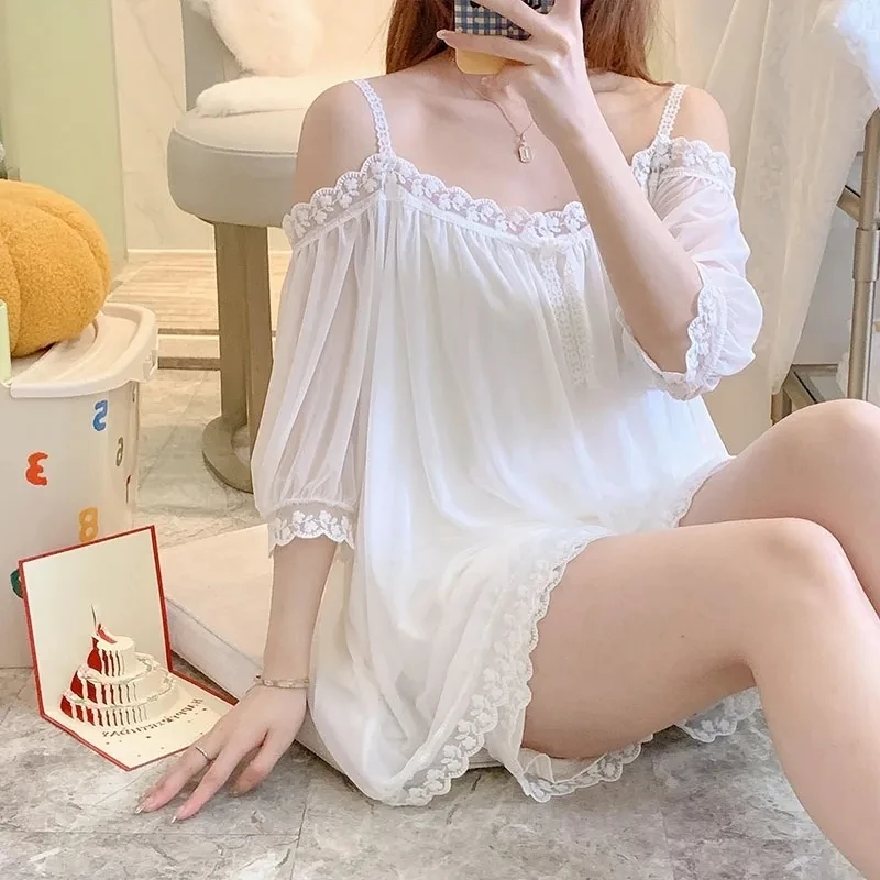 Pajamas For Women Set 2 Pieces Summer Short-Sleeved Sleepwear  Suspenders Nightdress Korean Kawaii Lace Mesh Thin Sexy Home Wear