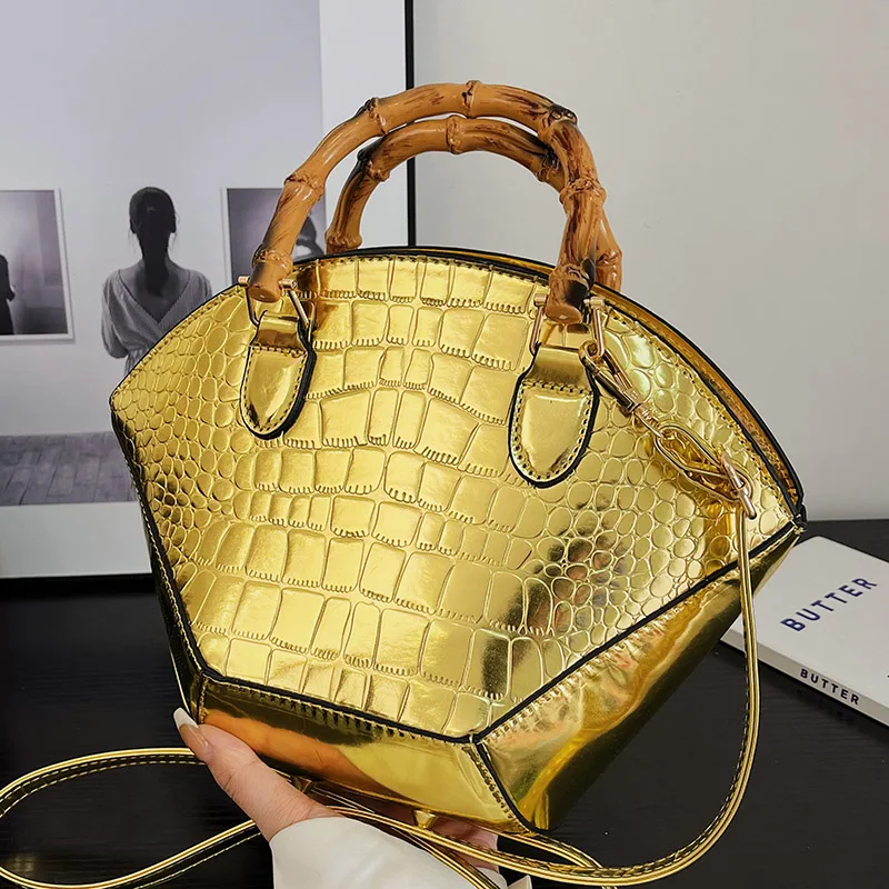 

2023 Vintage Brand Women Handbags Top Handle Bamboo Totes Gold Silver Evening Clutch Crocodile Pattern Leather Crossbody Bags