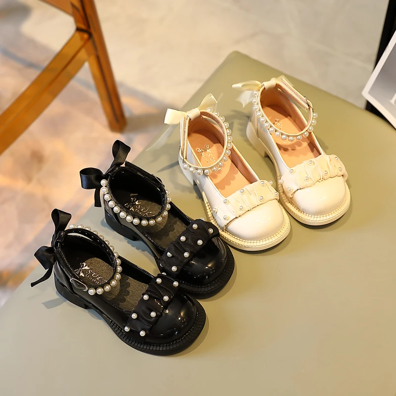 

Fashion Kids spring Shoes Children Mary Janes Back Riband Ankle Strap Sweet Girl's Leather Shoes Round Toe Beading Lovely 26-36