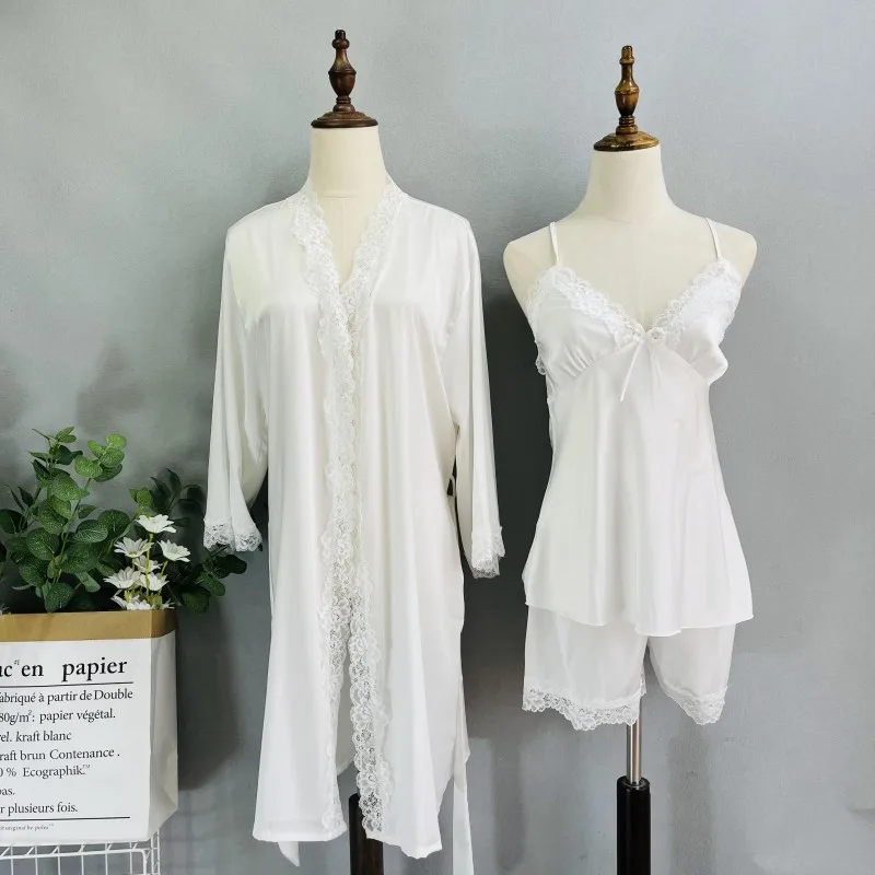 

Sexy Lace 3Pcs Pajamas Set Sleepwear Summer Kimono Bathrobe Lingerie Women Silky Satin Home Wear Pijamas Suit