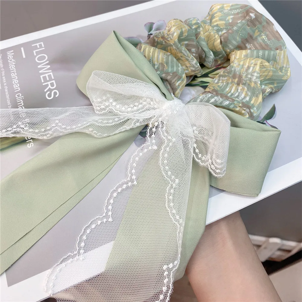 

Retro pastoral floral multi-layer lace bow large intestine hair ring sweet small fresh satin green rubber band
