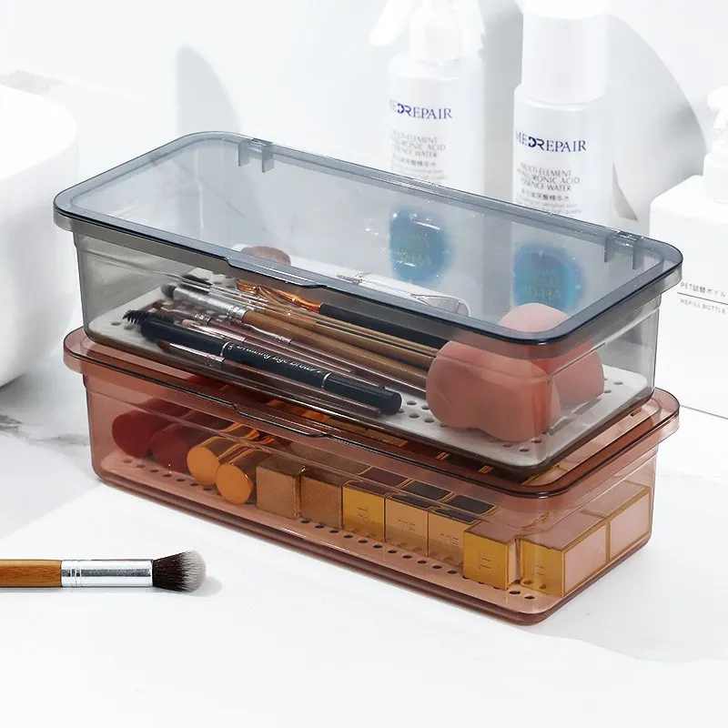 

Cosmetic Tool Organizer Clear Dustproof Plastic Utensils Storage Box with Cover and Drainer Kitchen Cutlery Holder