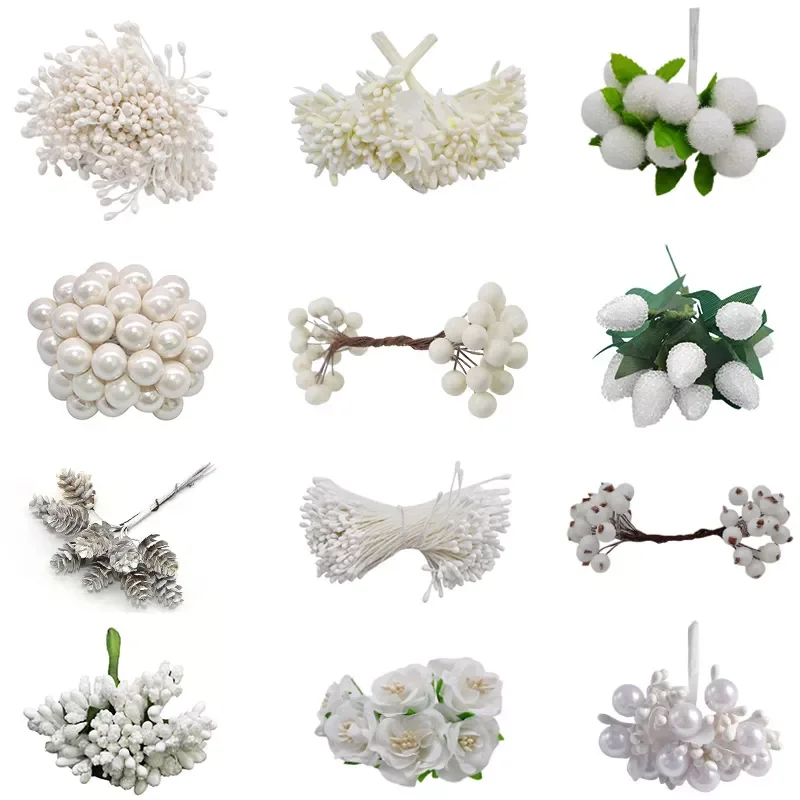 

White Theme Artificial Flower Cherry Stamen Berries Bundle DIY Christmas Decoration Wedding Cake Gift Box Wreaths Xmas Decor