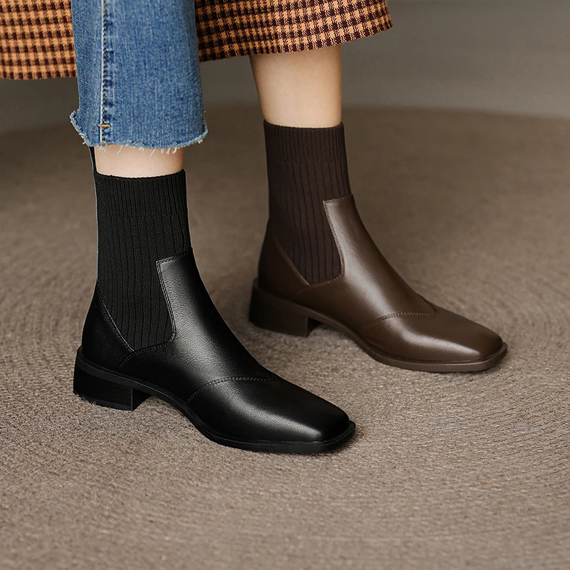 

2022 Autumn Winter Low Heels Fashion Genuine Leather Women's Ankle Boots Retro Wedding Night Club Shoes Woman Black Brown