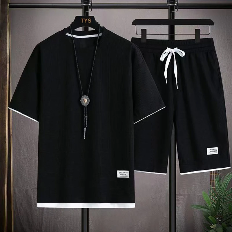 2023 Summer Fashion Mens Two Piece Set Waffle Fabric Jogging Shorts T Shirt Homme Tracksuit Short Sleeve Sets Sports Suits Men