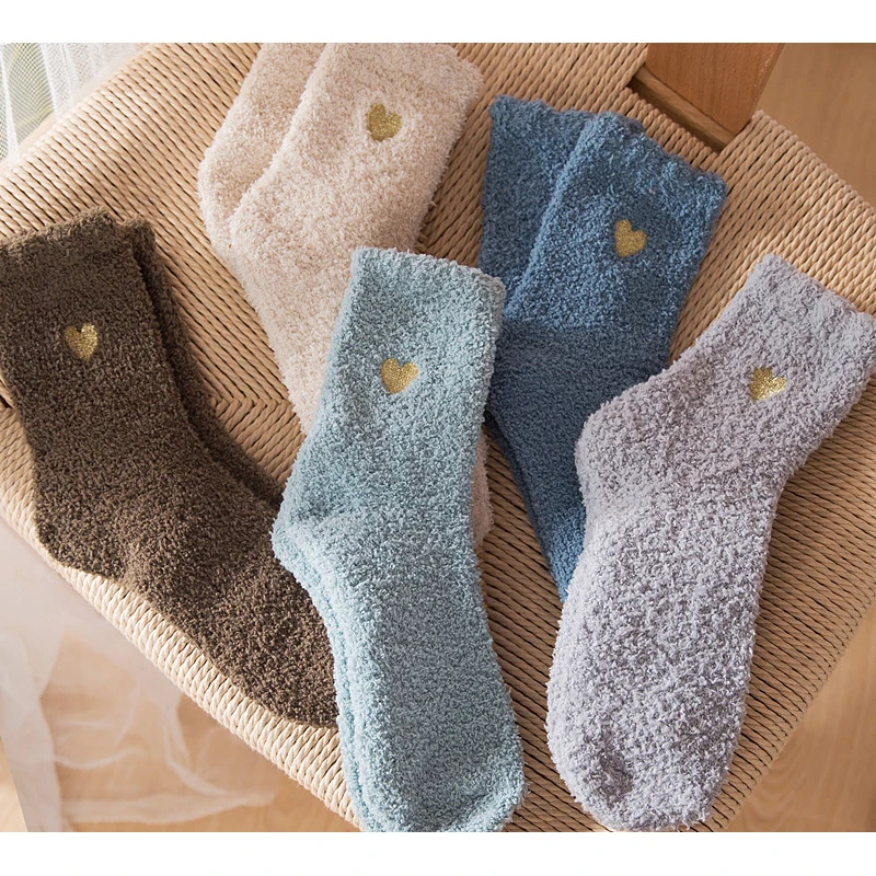 8 Pairs Winter Women Candy Color Coral Fleece Socks Warm and Thickened Embroidered Love Snow Floor Sleep Socks Women