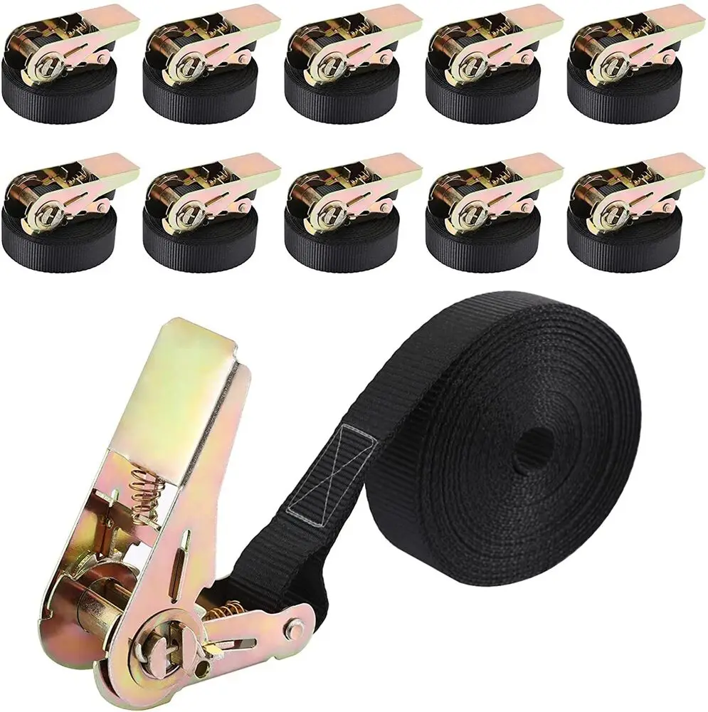 

10PCS Ratchet Straps Lashing Ties, Tension Hard Straps 25mm/6m, 0.8t pull, polyester black, SGS TÜV