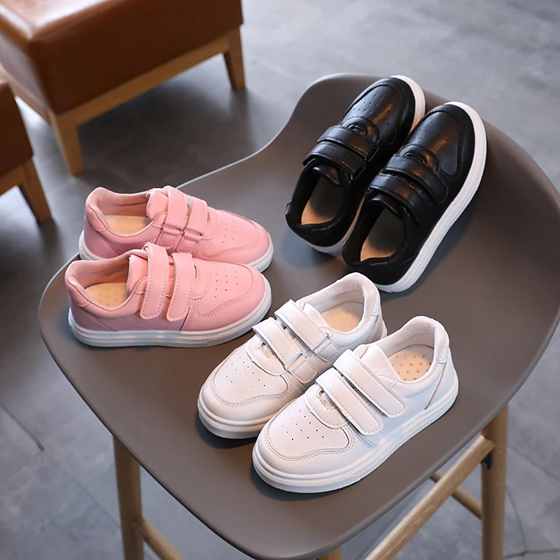 

Girls Double Hook & Loop Pink Simple Children Casual Shoes PU 2023 New Spring & Autumn Boys White Shoes New Non-slip Breatheable