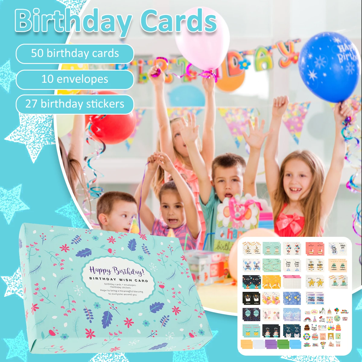 

50Pcs Happy Birthday Cards Set with 10 Envelopes 27 Birthday Stickers Colorful Creative Birthday Greeting Cards Assorted