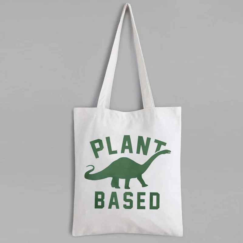 

Plant Based Reusable Bag Gift for Vegan Custom Shopping Bags Veganism Canvas Tote Bag Dinosaur Herbivore Tote Bag