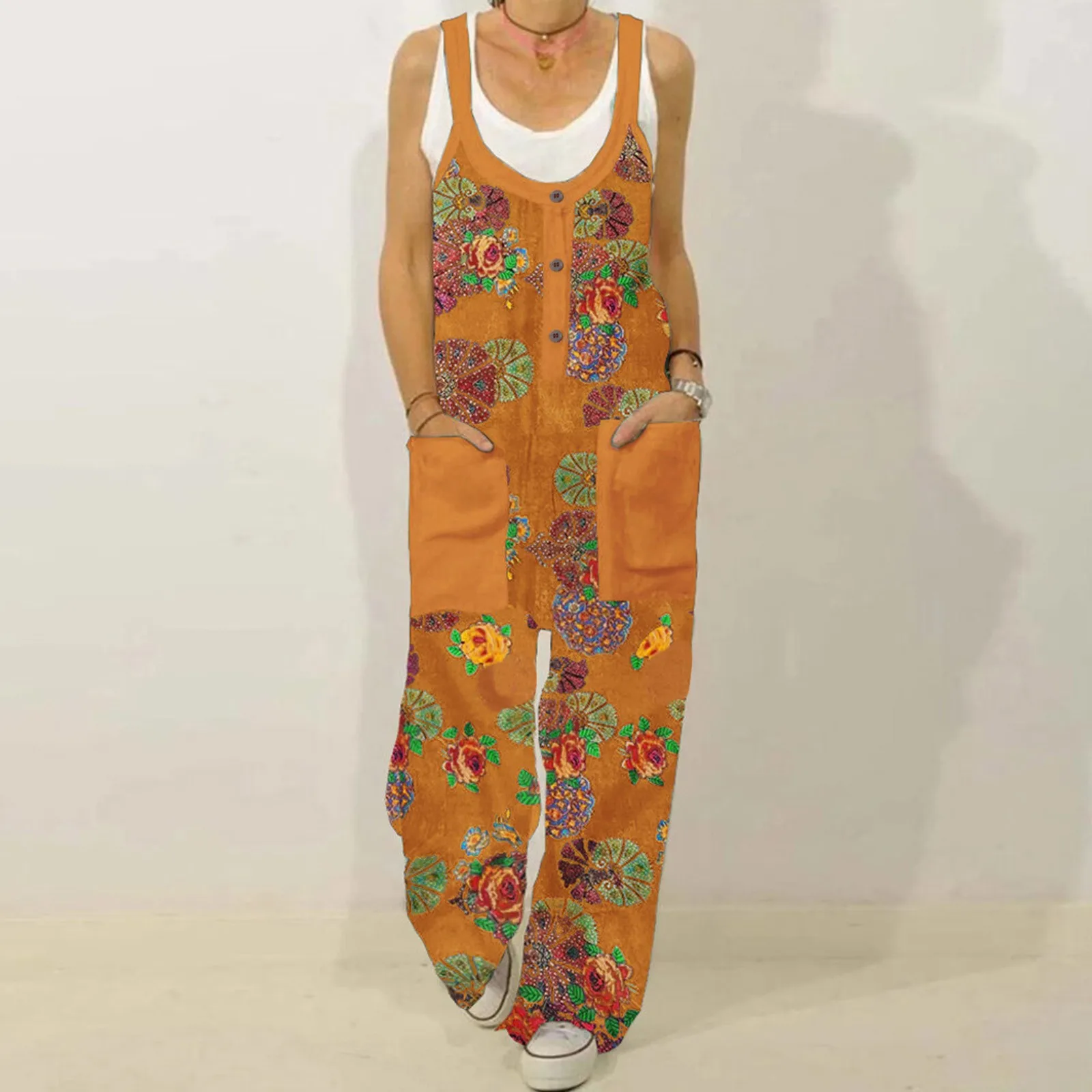 

Women Club Outfits Womens Vintage Floral Prints Straps O Neck Rompers Pockets Playsuit Long Limited Edition Jumpsuit for Women