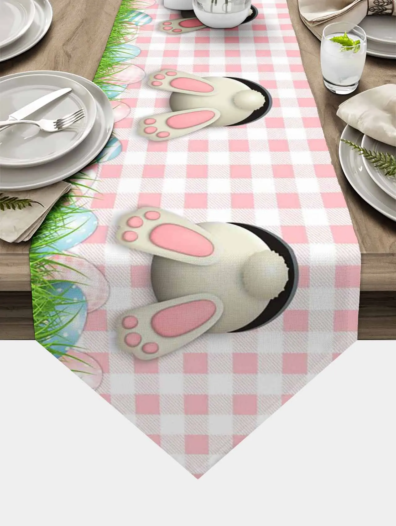 

Easter Bunny Egg Pink Plaid Table Runners Wedding Party Decoration Table Mat Easter Decorations for Home Kitchen Table Cloth