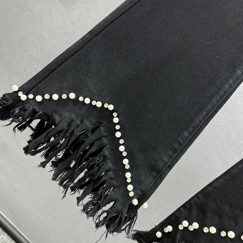 Beaded Denim Bell-Bottom Pants Women's Trendy 2023 New Spring Stretchy High Waist Jeans Slimming Fringed Burr Trousers