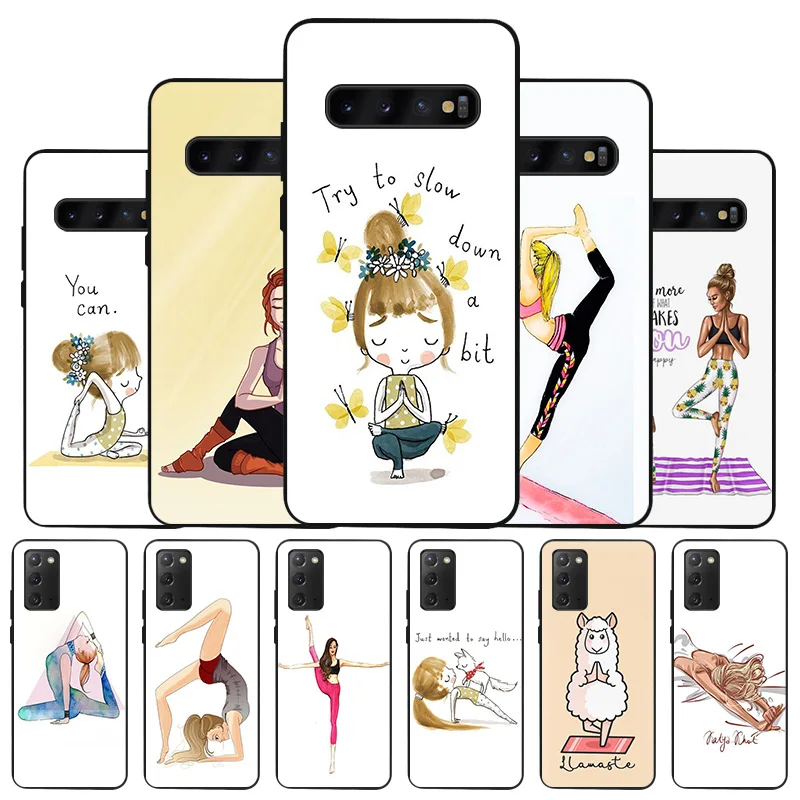 

Fashion Yoga Girl Cartoon Black Phone Case for Samsung A03 A50 A70 F62 F52 A30 A20e A02s F42 F23 A40 A10 F12 F22 F41 A90 Cover