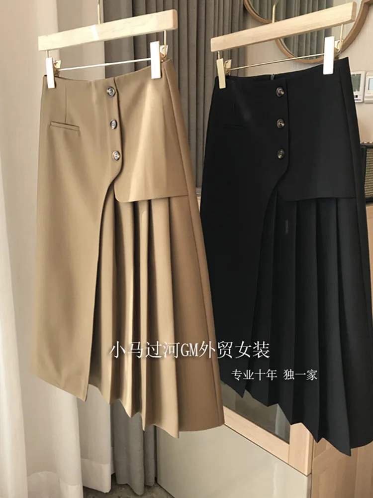 

High Waist Midi Skirts Women New 2023 Korean Style Streetwear All-match Solid Color Ladies A-line Asymmetry Pleated Skirts