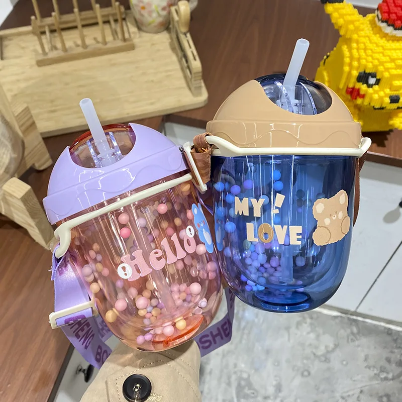 

Straw Cup Glide Cover Double Layer Leakproof Plastic Cup Household Lovely Water Cup Outdoor Sports Fitness Color Straw Cup