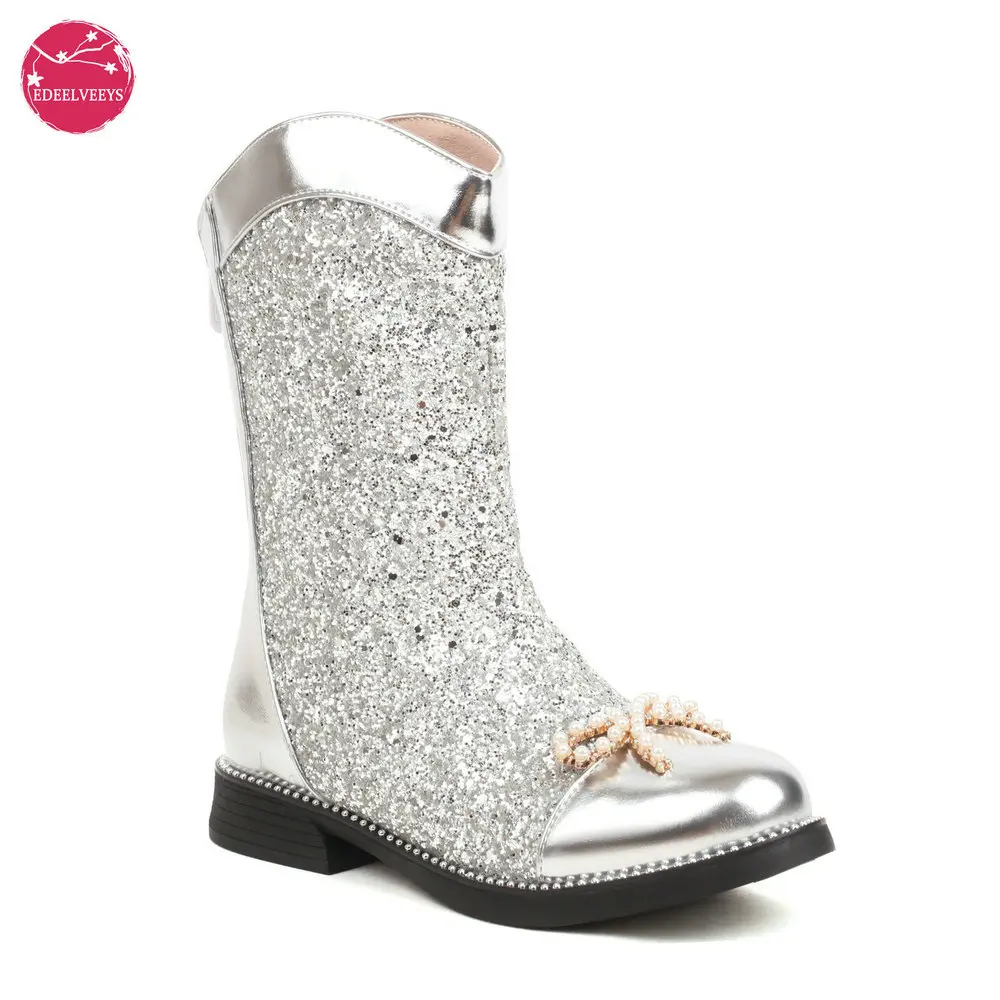 

Winter Mid-Calf Boots Women Chuncky Heel Shiny Leather Bling Rhinestone Booties Round Toe Lolita Bow Luxury Brand Fashion Shoes