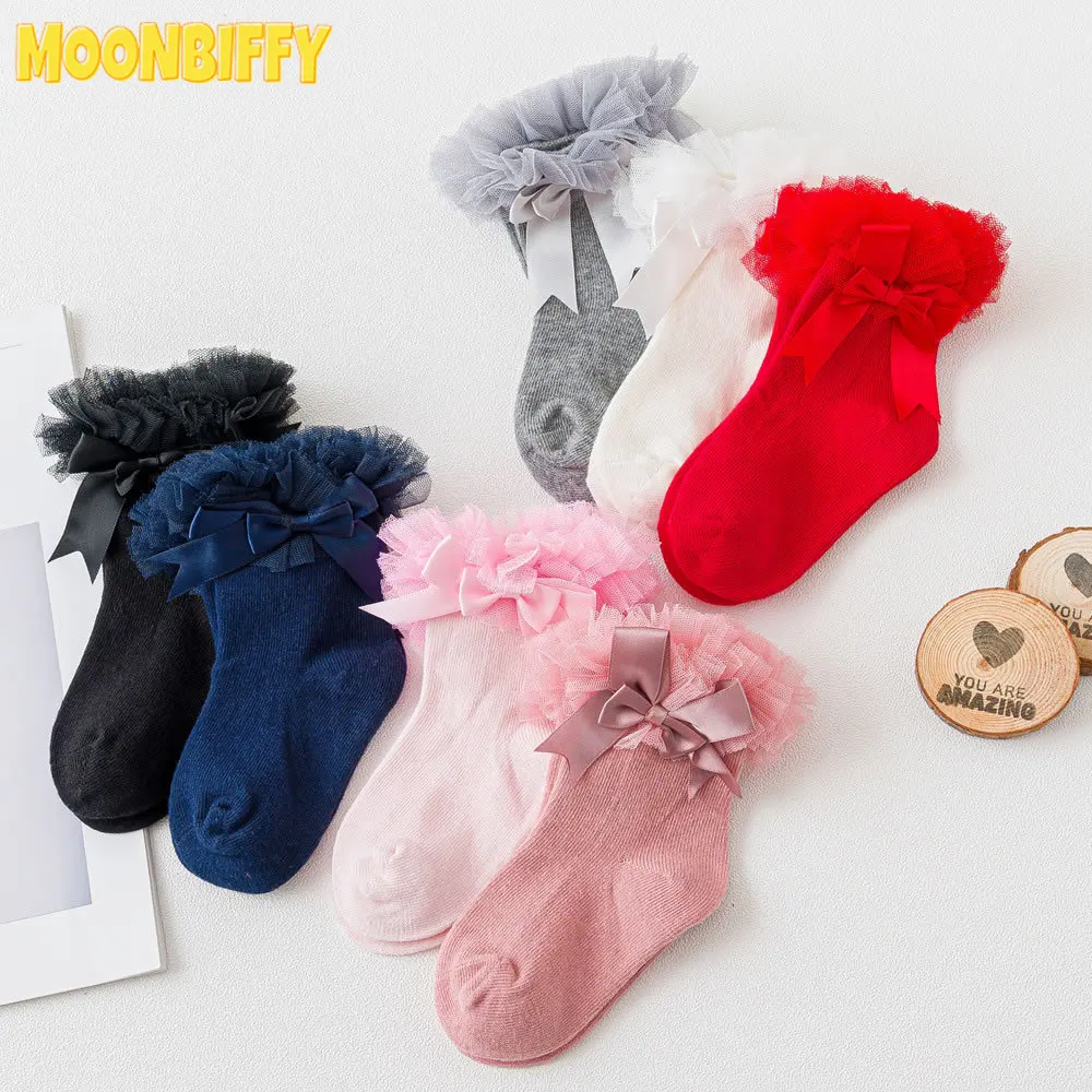 

Baby Girls Socks with Bow Tie Lace Ruffle Princess Cotton Sock with Ribbons Multi Colors Gray Red Black Pink White Socks 2-8Y
