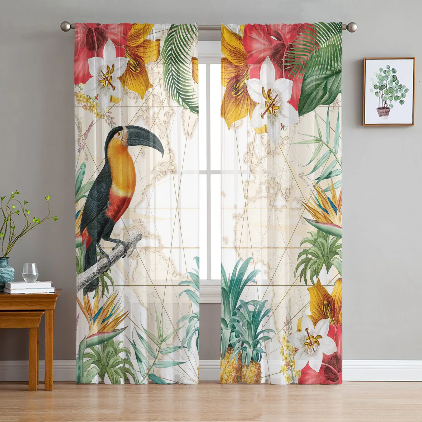 

Toucan Flower Fruit Tropical Plants Pineapple Map Tulle Sheer Window Curtains for Living Room Bedroom Tulle Voile Curtains Decor