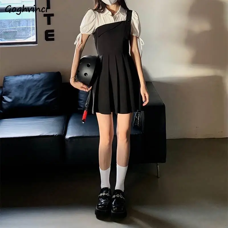 

Pleated Dresses Women Puff Sleeve Patchwork Fashion Preppy Style Ulzzang BF Sweet Fresh Fake Two Summer Simple Casual Vestidos