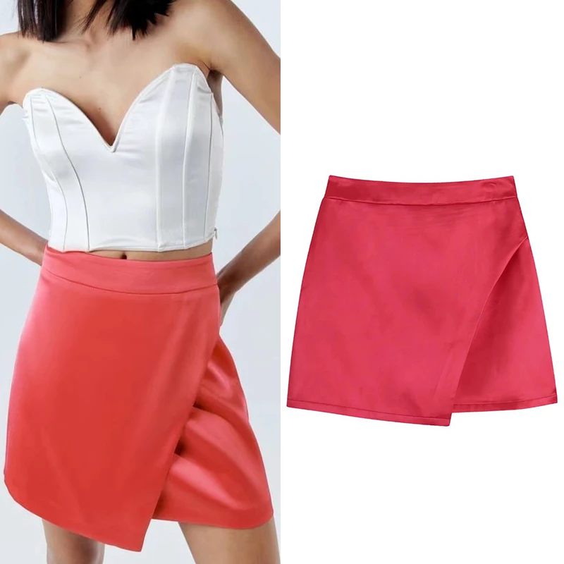 

2022 Spring Summer Women Fashion Silk Satin Texture Asymmetrical Skirt Commuter High Waist A-line Short Skirt BB22521