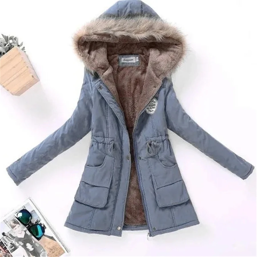 Winter Hooded Mid-length Plus Velvet Thicken Parka Women Warm Coat Cotton Padded Overcoat Slim Korean Outwear Windbreaker Jacket