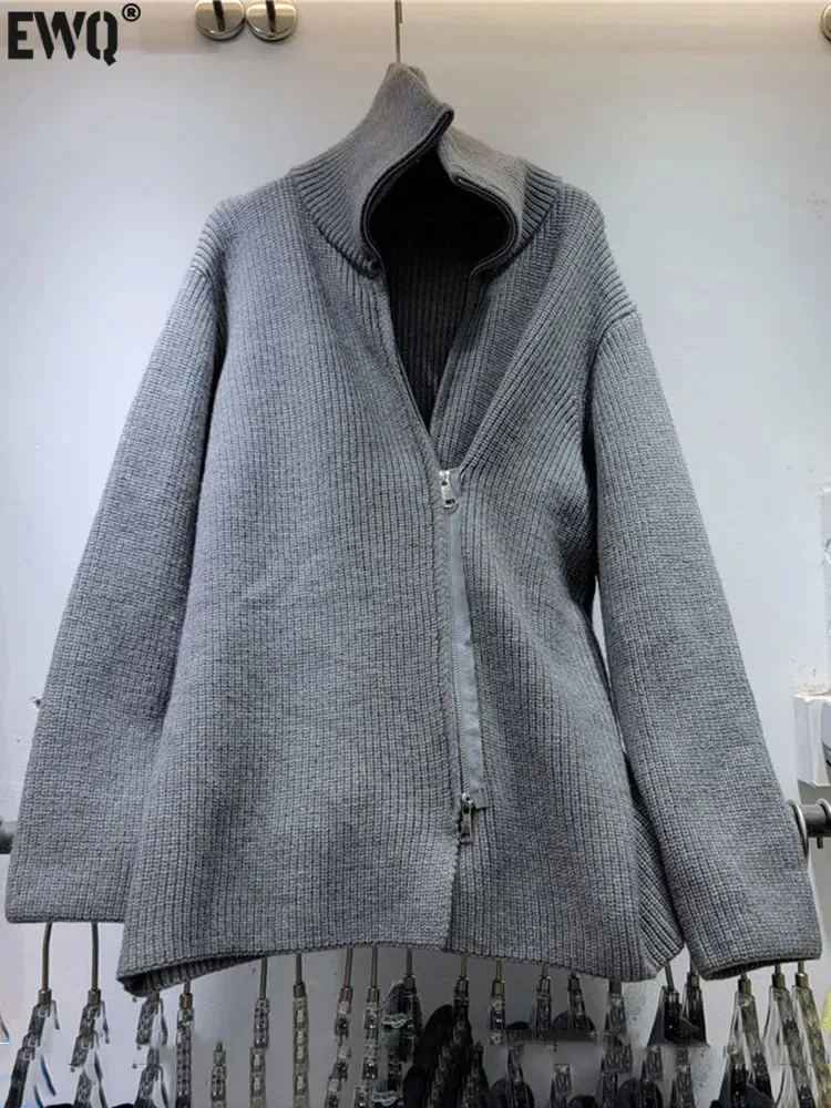 

[EWQ] Asymmetric Double Zipper Gray Cardigan Coat Women Elastic Knited Turtleneck Sweater Jacket 2023 Autumn Winter New 16U5292