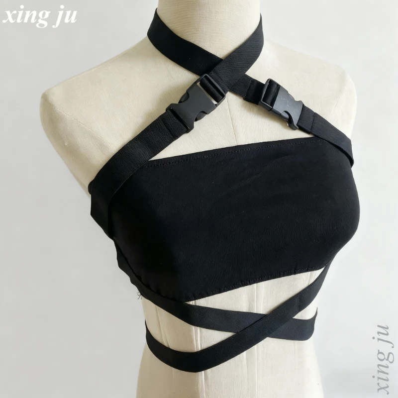 Фото Xing Ju женские черные топы на шнуровке с крестом, костюмы для джазовых танцев, певица, ночной клуб, облегающий жилет для девочек, Kpop, хип-хоп, одежда для выступлений на сцене №4