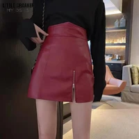 2022 autumn winter women high waist solid red faux leather skirts faldas mujer zipper female tight black mini skirt