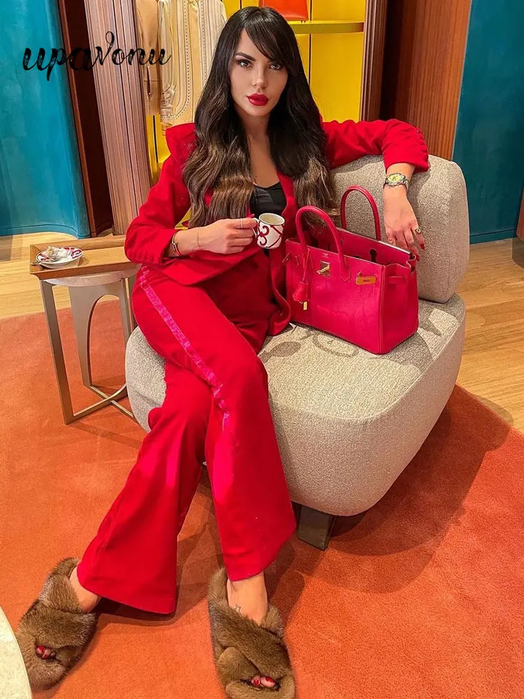 Free Shipping Red Velvet Blazer Pantsuits Two Piece Set OL Women Elegant Slim Business Single Button Jacket Office New Pant Set