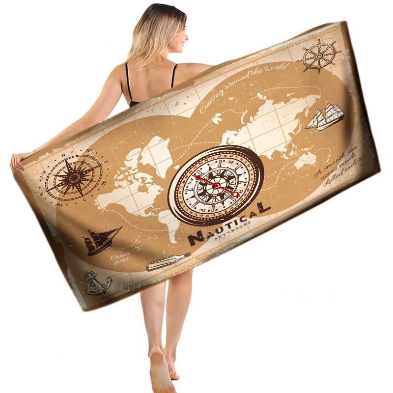 

Old Sailing World Map Continents And Oceans With Compass Bottle Anchor Steering Wheel Quick Dry Towel By Ho Me Lili Fit For Yoga