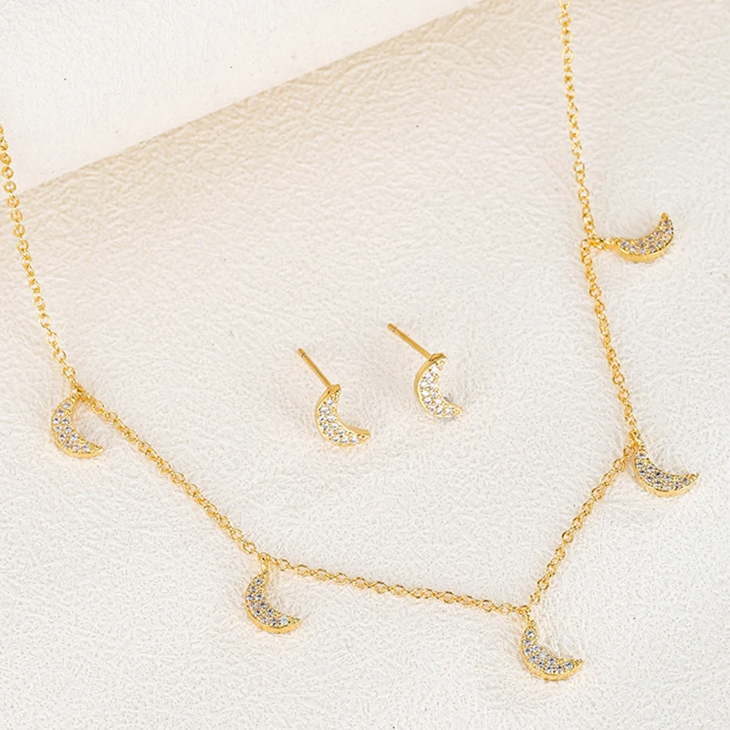 

Luxury Gold Color Moon Zirconia Jewelry Set Women Anniversary Exquisite Gift Perfect Necklace Earrings Accessories Free Shipping