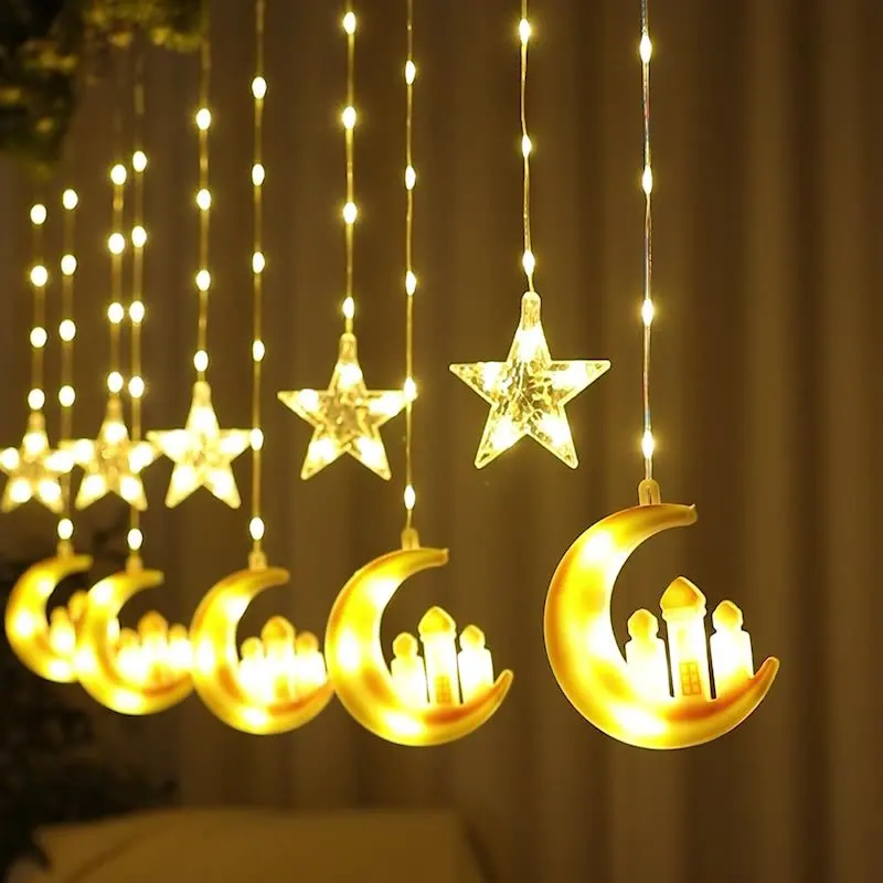 

EID Mubarak Moon Star Led Curtain Garland String Light Ramadan Decoration for Home 2023 Islam Muslim Party Al Adha Home Decor