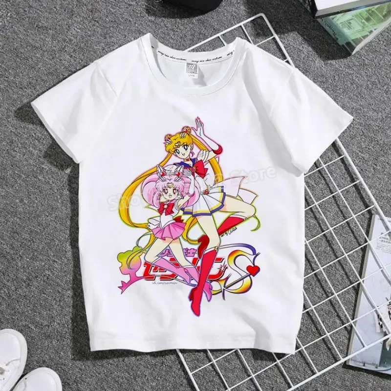 Фото Футболка Sailors Moon, детская одежда, летние футболки с короткими рукавами для мальчиков и девочек, эксклюзивные топы, рубашки в стиле Харадзюку с принтом кавайных фигурок, подарок №4