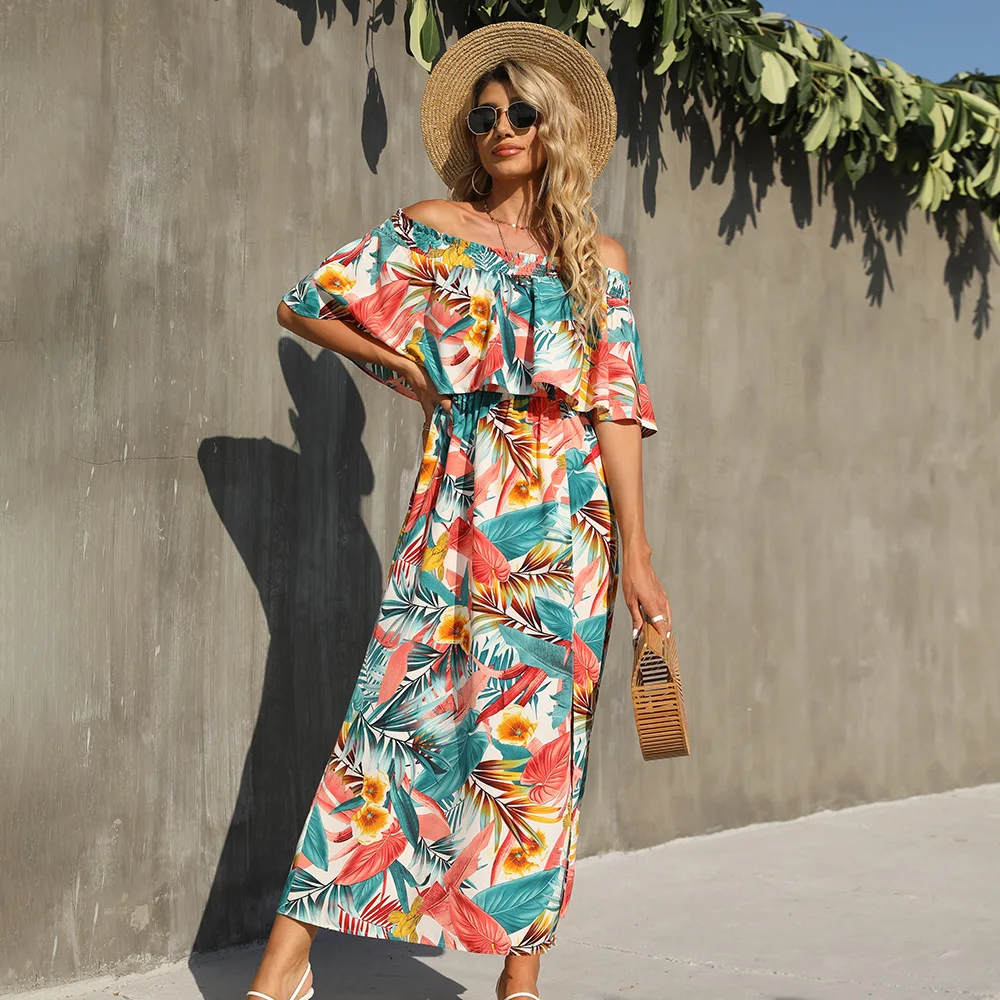 

2022 summer Dress women's fashion print slit dress one-shoulder dress long skirt One Piece Ladies Dress