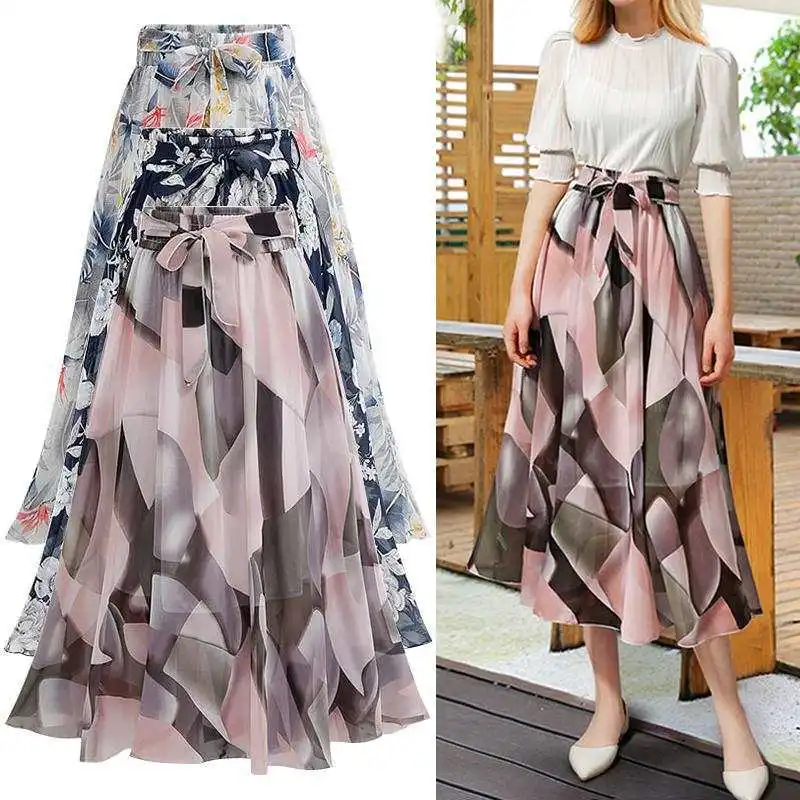 TFETTERS Summer Floral Skirt High Waist Chiffon Midi Skirt White Pink Blue Color 2022 New A World Tie Bow Print Skirts Women