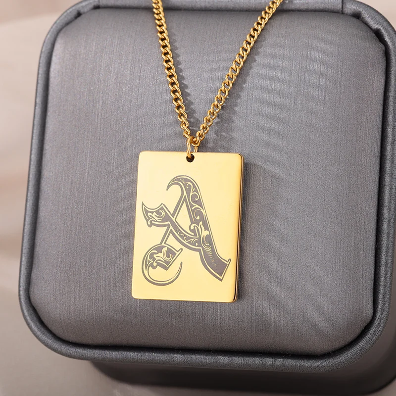 

Creative A-Z Initials Letter Necklace For Women Men Punk Square Alphabet Pendant Necklaces Charm Cuban Chain Couple Jewelry