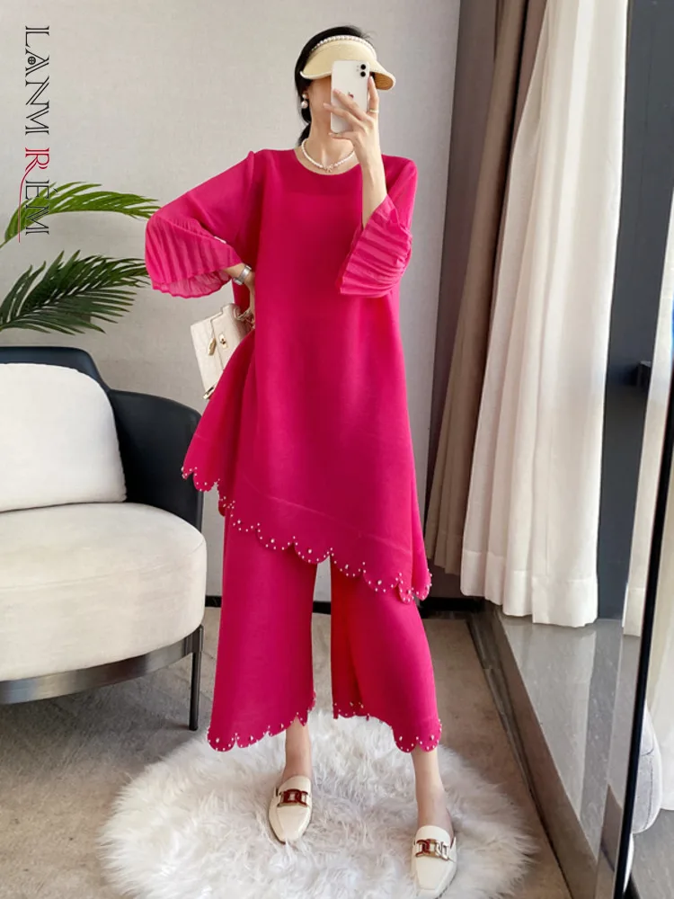 

LANMREM Beading Pleated 2 Pieces Set For Women Round Neck Designer Sleeves High Waist Straight Trousers 2023 New 2YA1488
