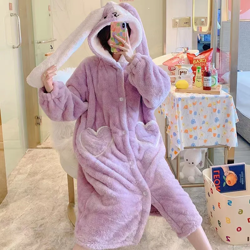 Women Winter Nightgown Thick Coral Velvet Sweet Rabbit Ears Hooded Homewear Flannel Female Warm Home Service Bathrobe