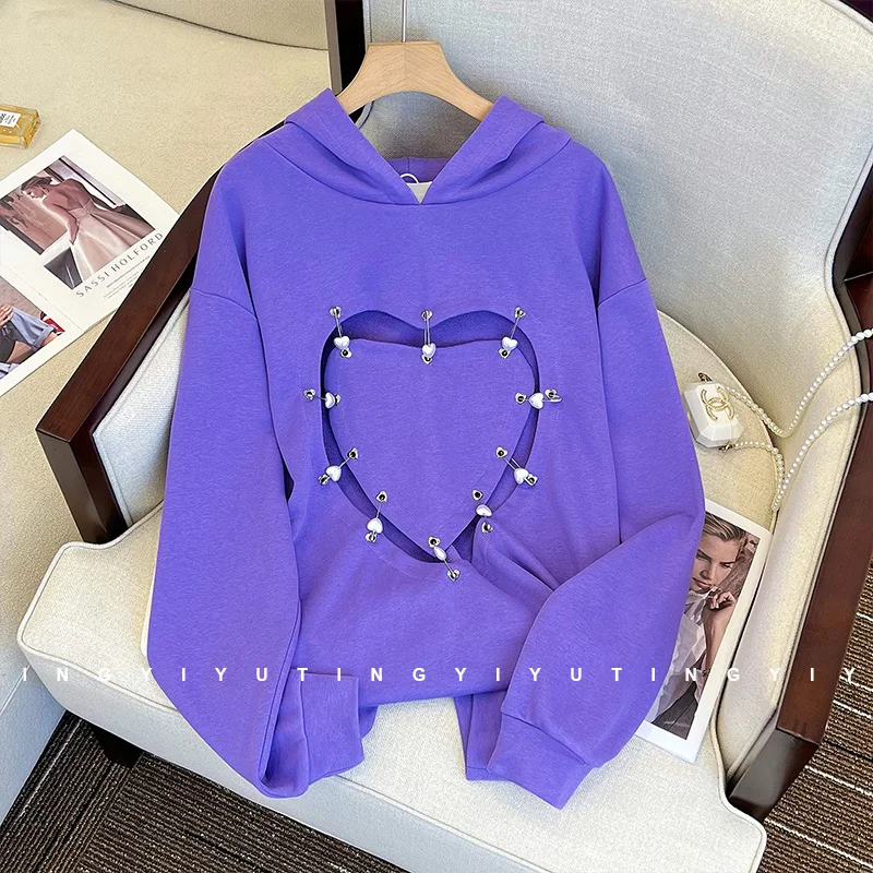 Love Hollow Out Pullover Hoodie Oversize Clothes Loose Purple Hoodies Women Coat 2022 Women Clothing Sudaderas Para Mujer