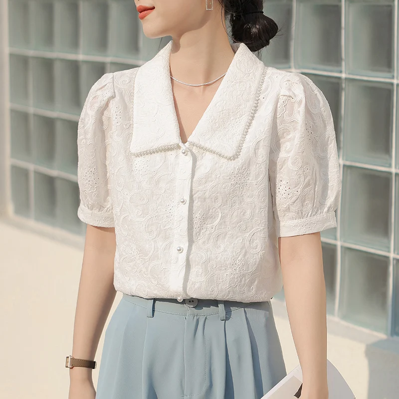 

Vintage White Lace Chiffon Blouse Elegant Solid Beading Collar Tops Summer Puff Sleeve Jacquard Shirt Casual Women Clothes 26873