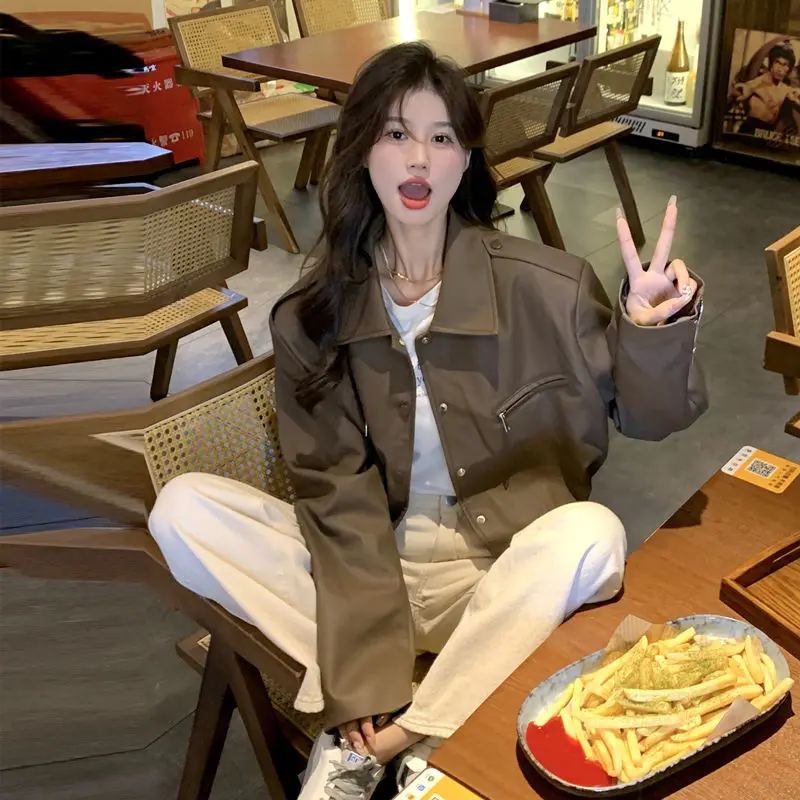 Shpmishal корейская модная коричневая куртка из искусственной кожи 2024 женская