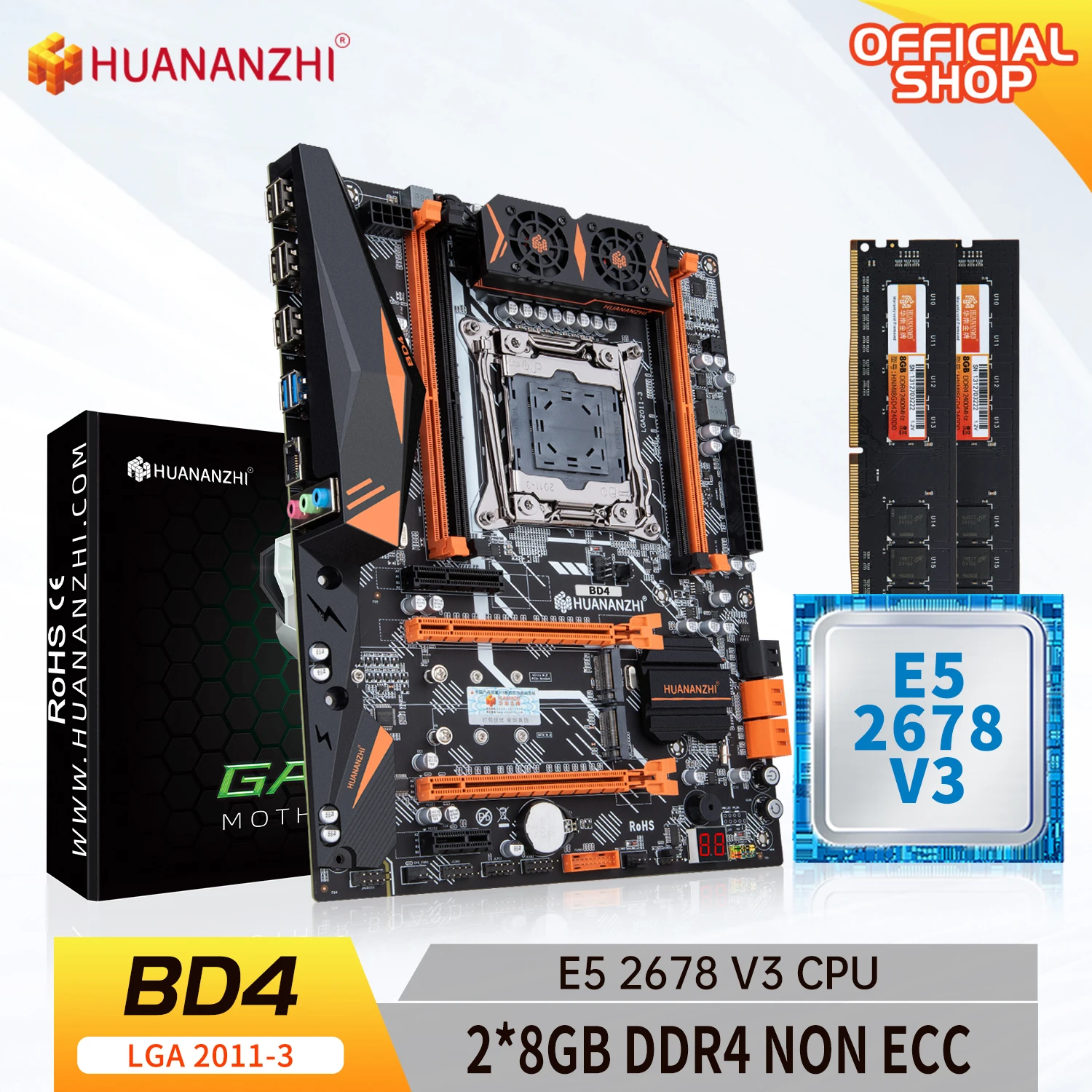 

HUANANZHI X99 BD4 LGA 2011-3 XEON X99 Motherboard with Intel E5 2678 v3 with 2*8G DDR4 NON-ECC memory combo kit set NVME NGFF