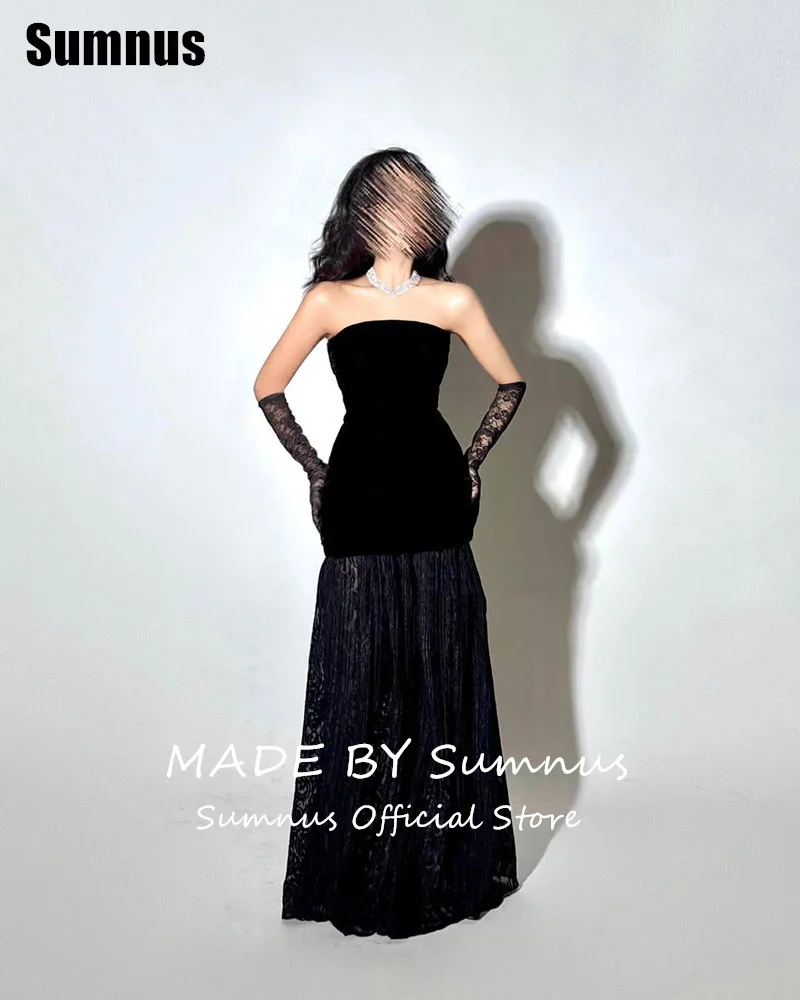 Фото Sumnus Mermaid Black Velour Prom Dresses Elegant Lace Strapless Evening Dress Floor Length Sleeveless Formal Gowns Customized №3