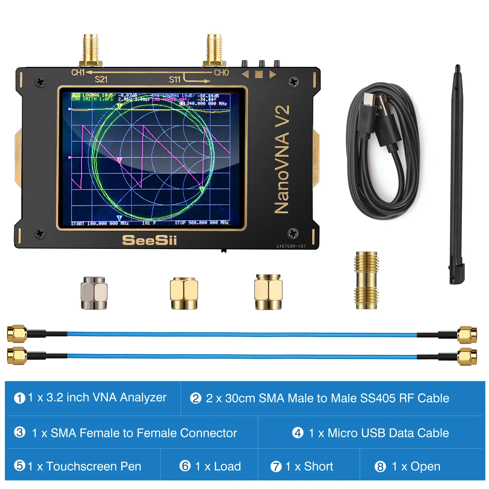 Векторный анализатор SeeSii Nanovna SAA-V2 10 кГц ~ 3 ГГц ВЧ-антенный УВЧ с 2-дюймовым