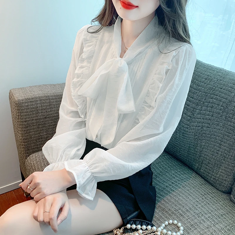 

Chiffon White Women's Shirts Summer 2023 New Casual Solid Blouses Loose Long Sleeves Bow Top Ruffles Ladies Clothing YCMYUNYAN
