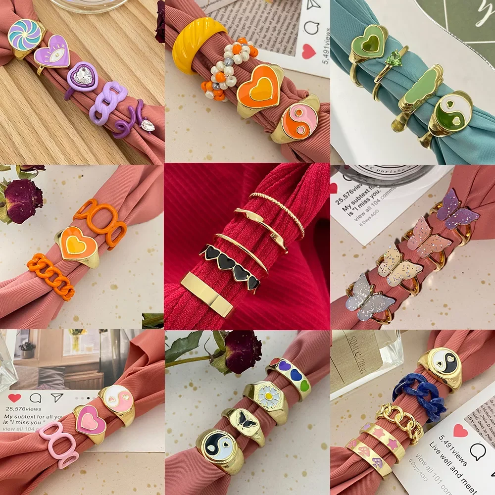 

Gold Color Geometric Heart Rings Set for Women Colorful Purple Green Color Resin Ring Wholesale Jewelry