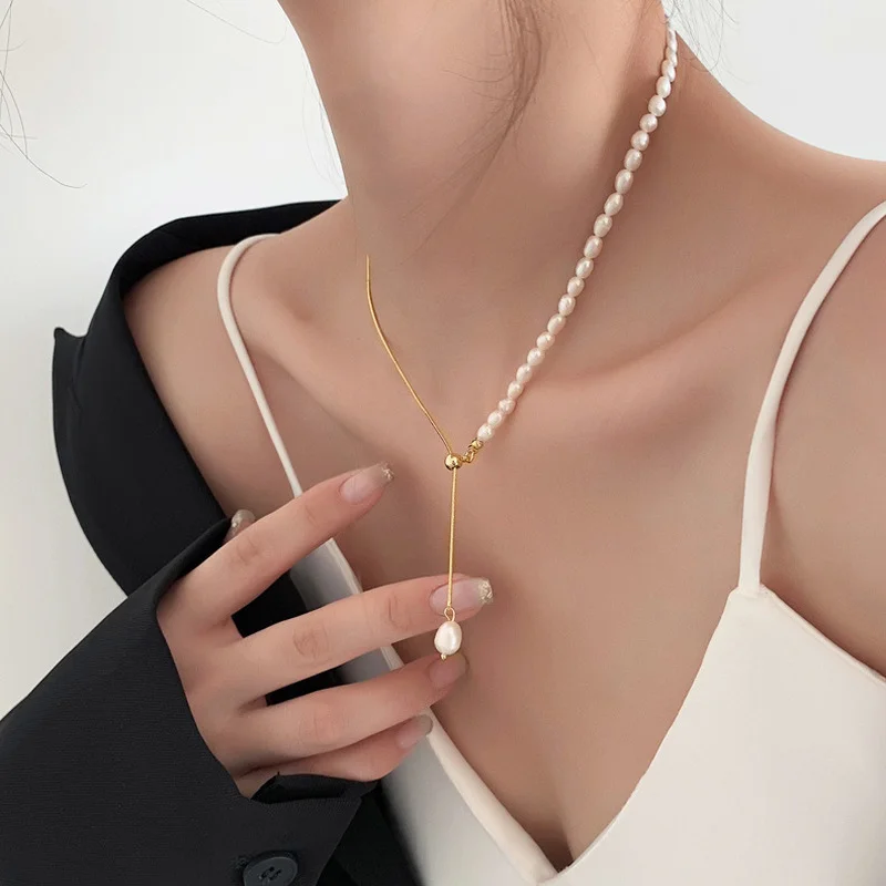 

Minar French Vintage Baroque Freshwater Pearl Long Tassel Necklace for Women Gold Copper Snake Chain Asymmetry Chokers Necklaces