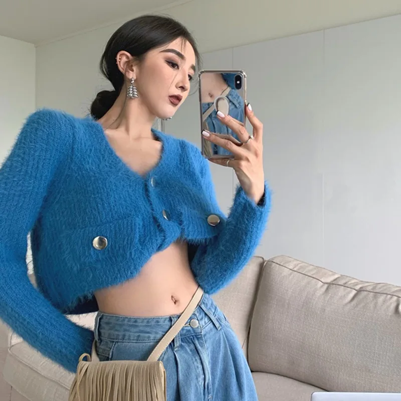 

Mink Velvet Women's Cardigan Winter 2023 Cashmere Sweaters Long Sleeve Slim Korean Jumpers Solid V-Neck Clothing YCMYUNYAN